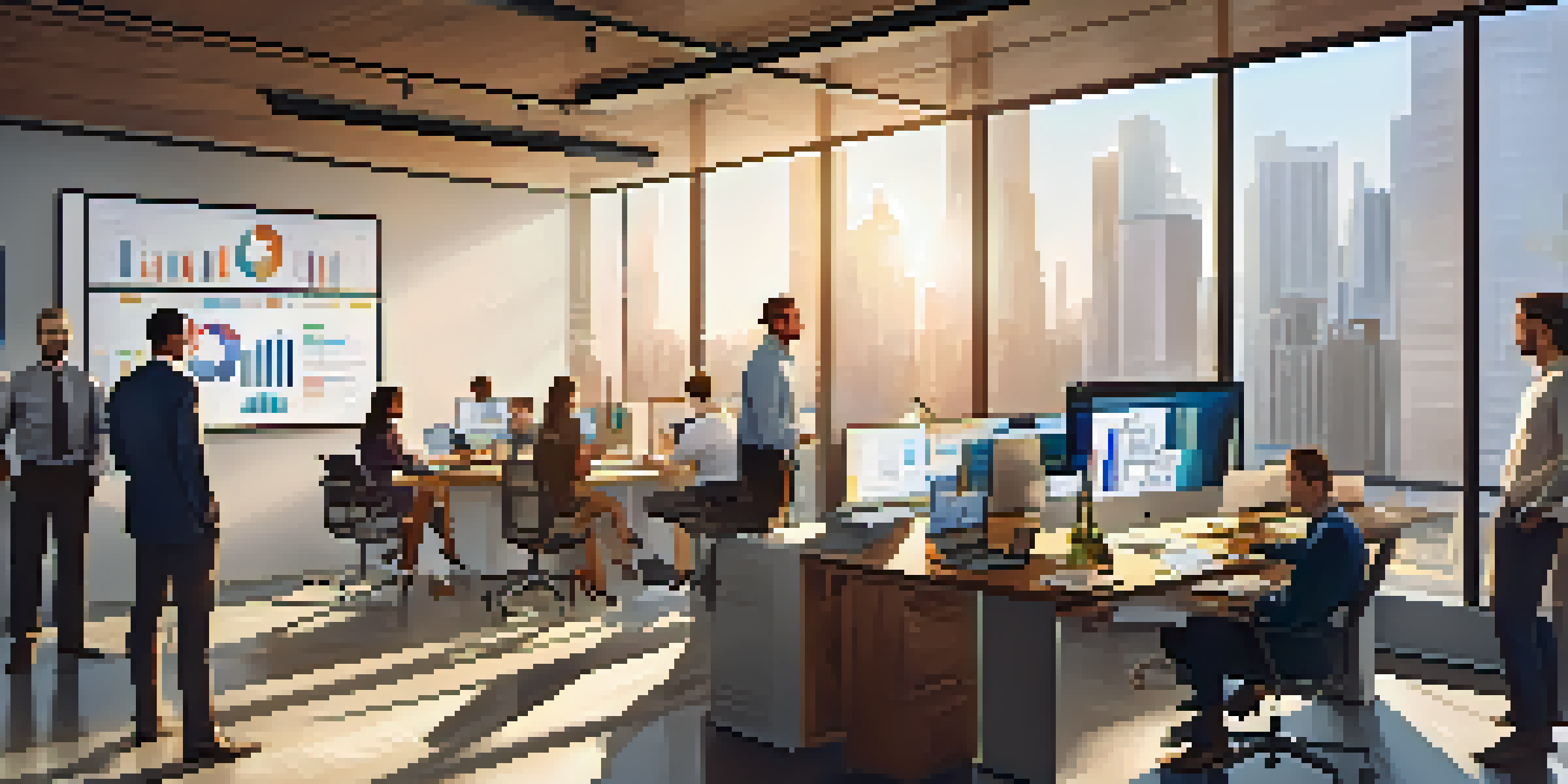 A diverse group of employees working together in a bright, modern office, focusing on a project with laptops and charts on display.