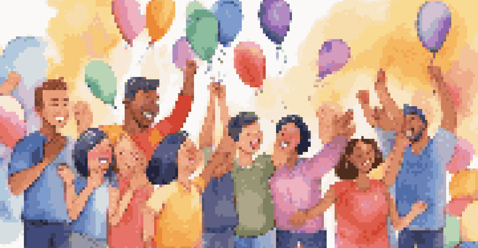 A team celebrating an individual's achievement with applause and smiles in a festive atmosphere.