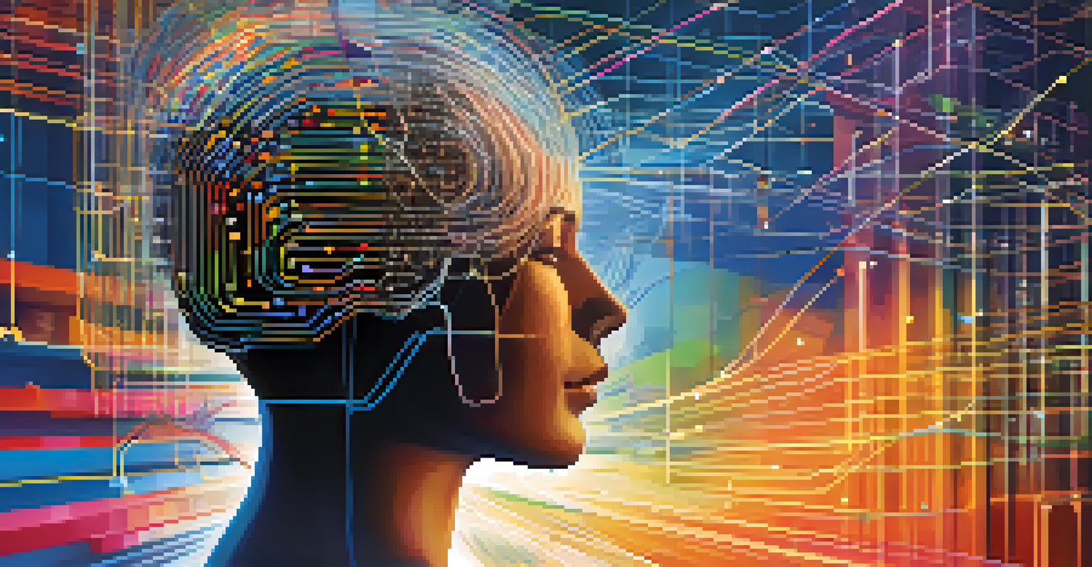 An abstract image of a digital brain with colorful lines representing data, alongside a silhouette of a person contemplating decision-making.