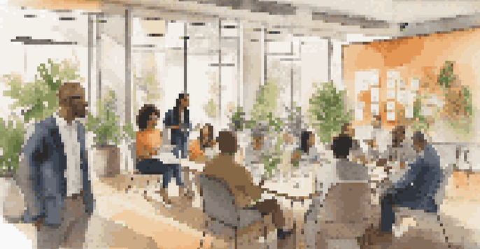 A diverse group of entrepreneurs networking in a modern conference room, sharing ideas and exchanging business cards.