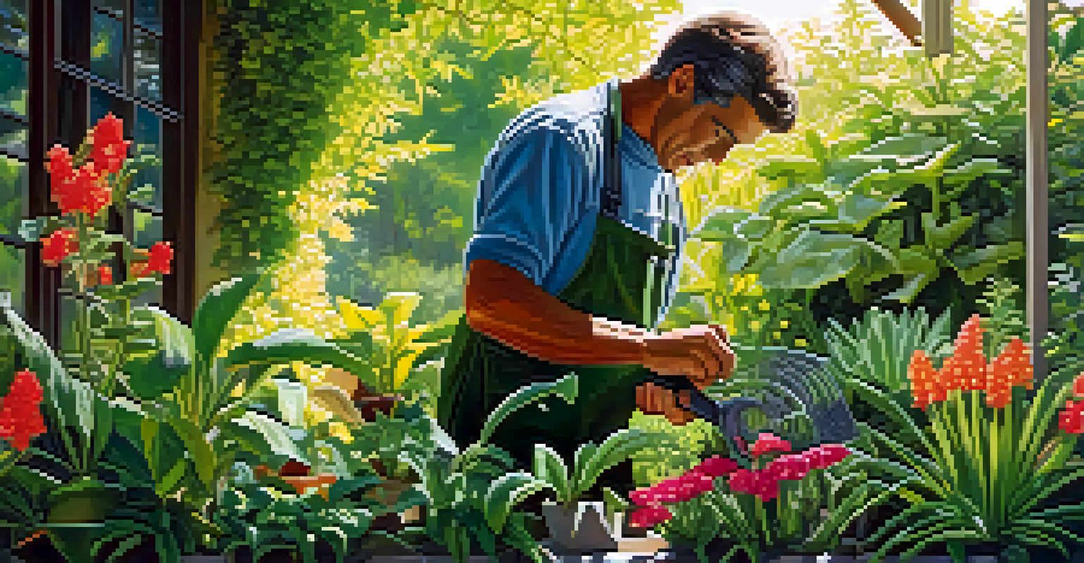 A close-up of a gardener caring for vibrant plants in a sunlit garden, symbolizing the concept of continuous learning.
