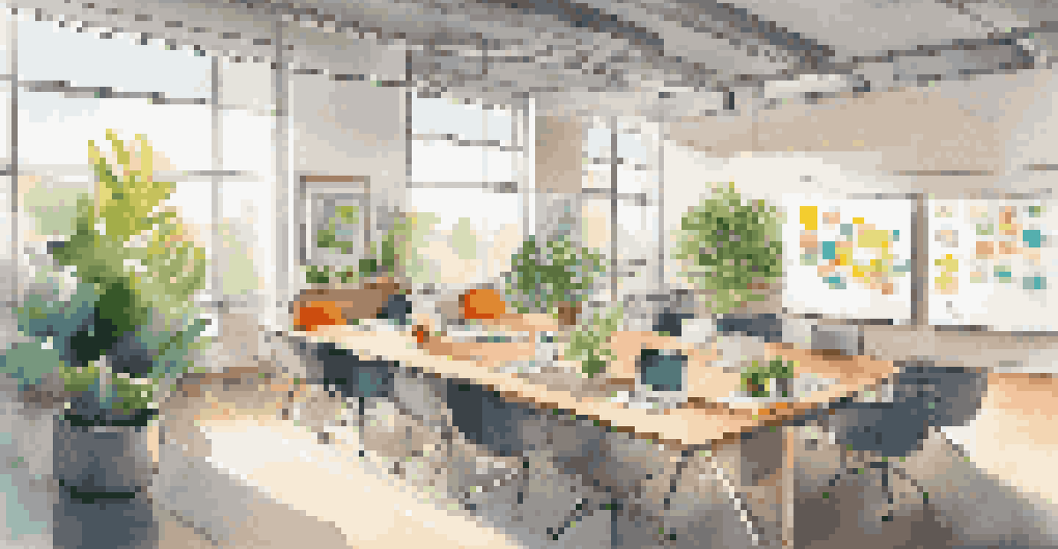 A collaborative office space with a whiteboard full of notes, plants, and sunlight, designed for teamwork.