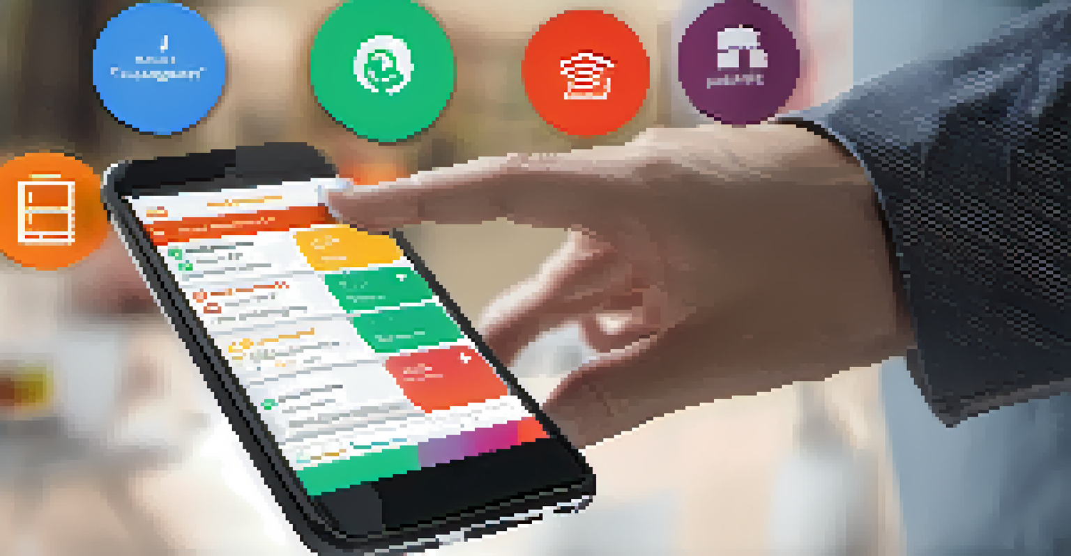 A close-up of a smartphone displaying a crisis management app with metrics, held by a person's hand, with a blurred background.