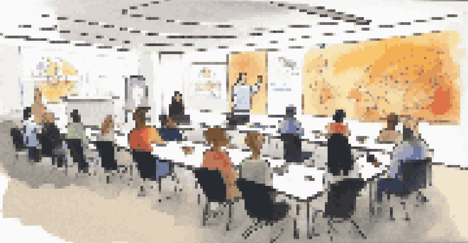 Employees participating in a training session about ethical practices, discussing and taking notes in a bright room.