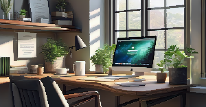 A warm and inviting home office with a wooden desk, laptop, coffee cup, and plants, bathed in natural light.