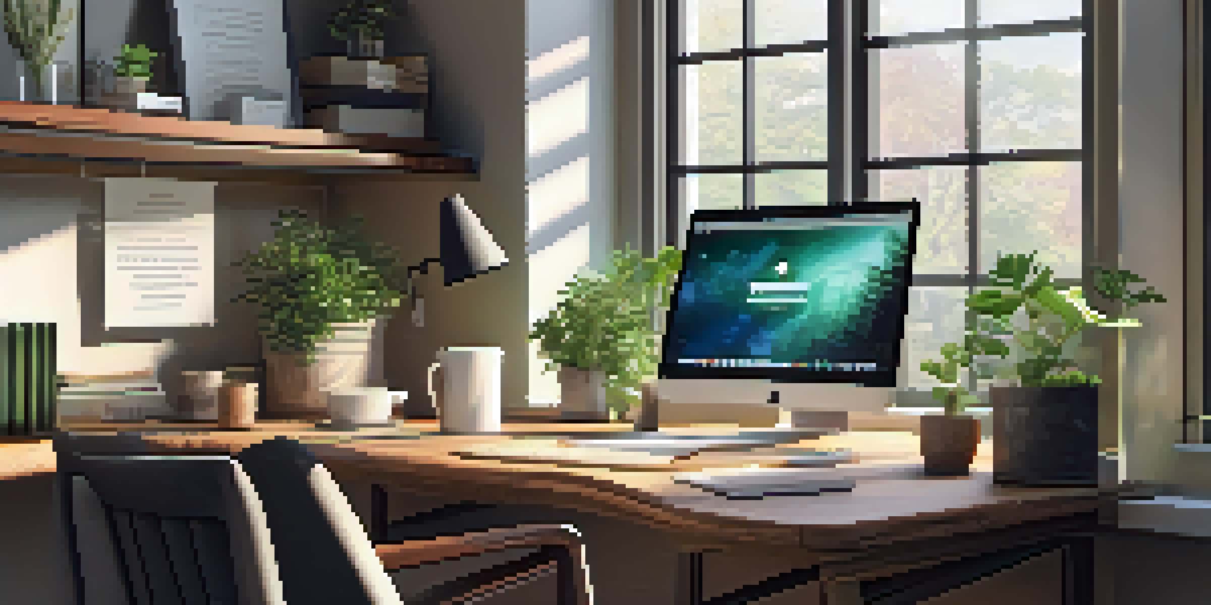 A warm and inviting home office with a wooden desk, laptop, coffee cup, and plants, bathed in natural light.