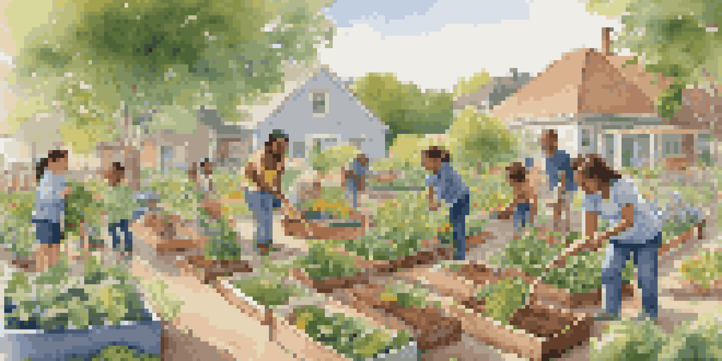 A diverse group of residents working together in a colorful community garden, planting vegetables and enjoying the sunny day.