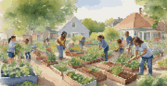 A diverse group of residents working together in a colorful community garden, planting vegetables and enjoying the sunny day.