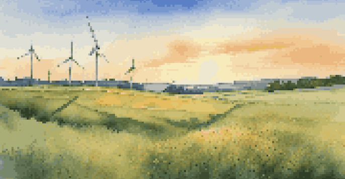 A peaceful countryside scene with a green field, a wind turbine, and a sunset casting warm light.