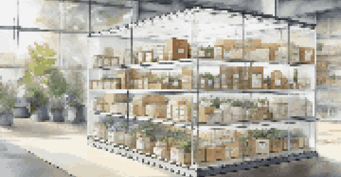 A transparent glass box displaying sustainable products with QR codes, set in a bright office environment.