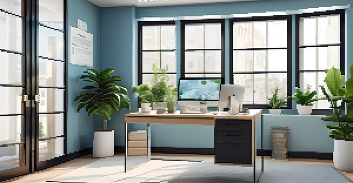 A modern office with a sleek desk, laptop, and plants, illuminated by natural light.