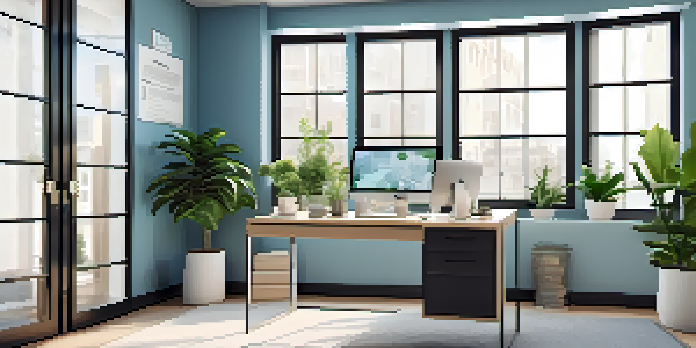 A modern office with a sleek desk, laptop, and plants, illuminated by natural light.