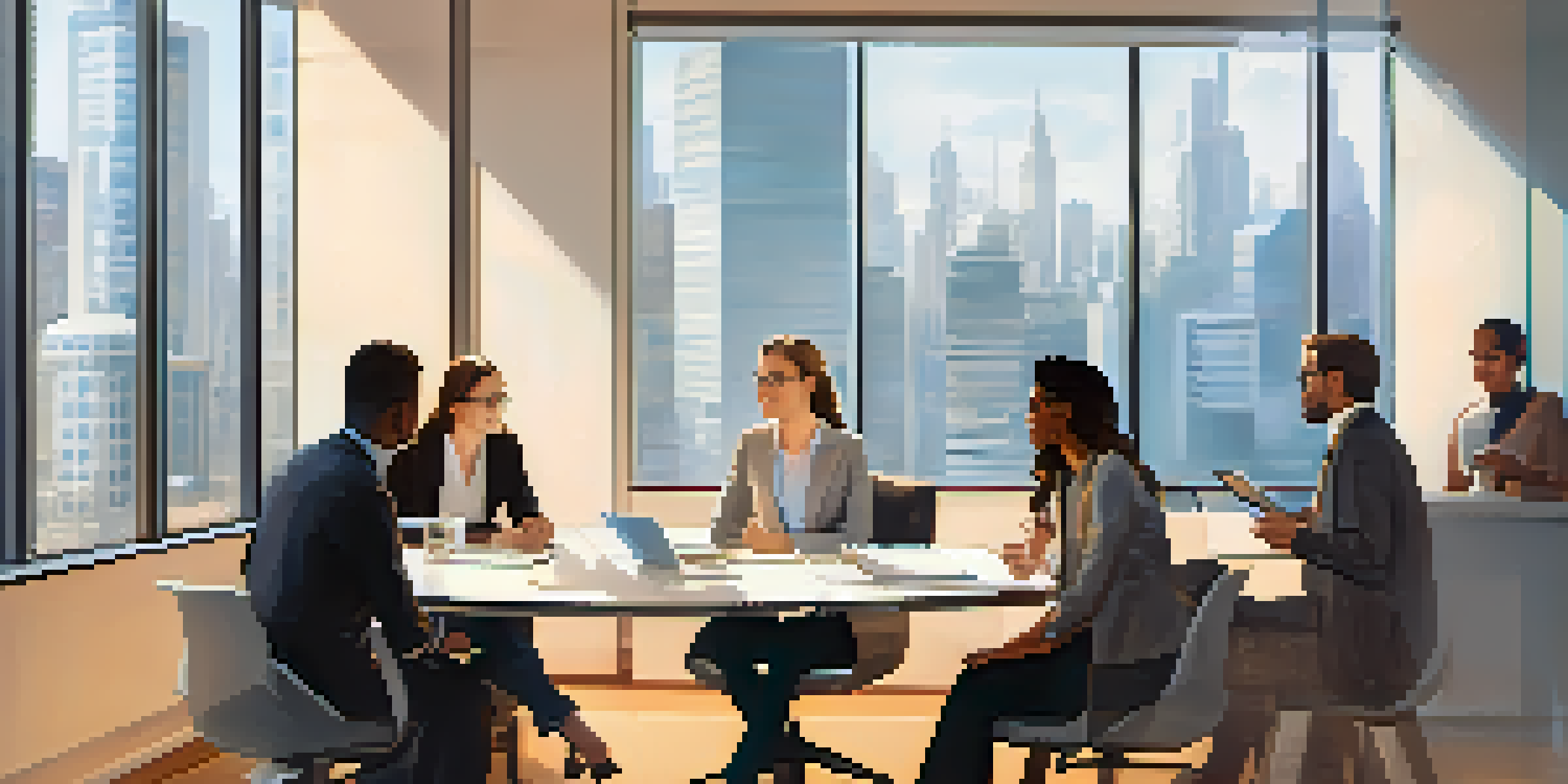 A diverse group of professionals discussing digital ethics in a modern office with a cityscape view.