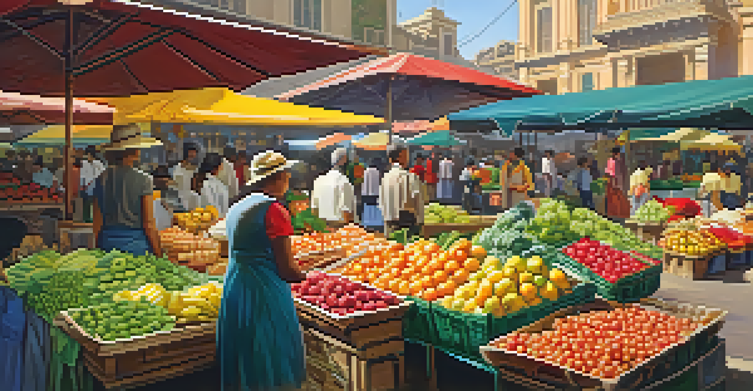 A bustling market filled with colorful fruits and vegetables, with shoppers interacting with vendors under bright sunlight.