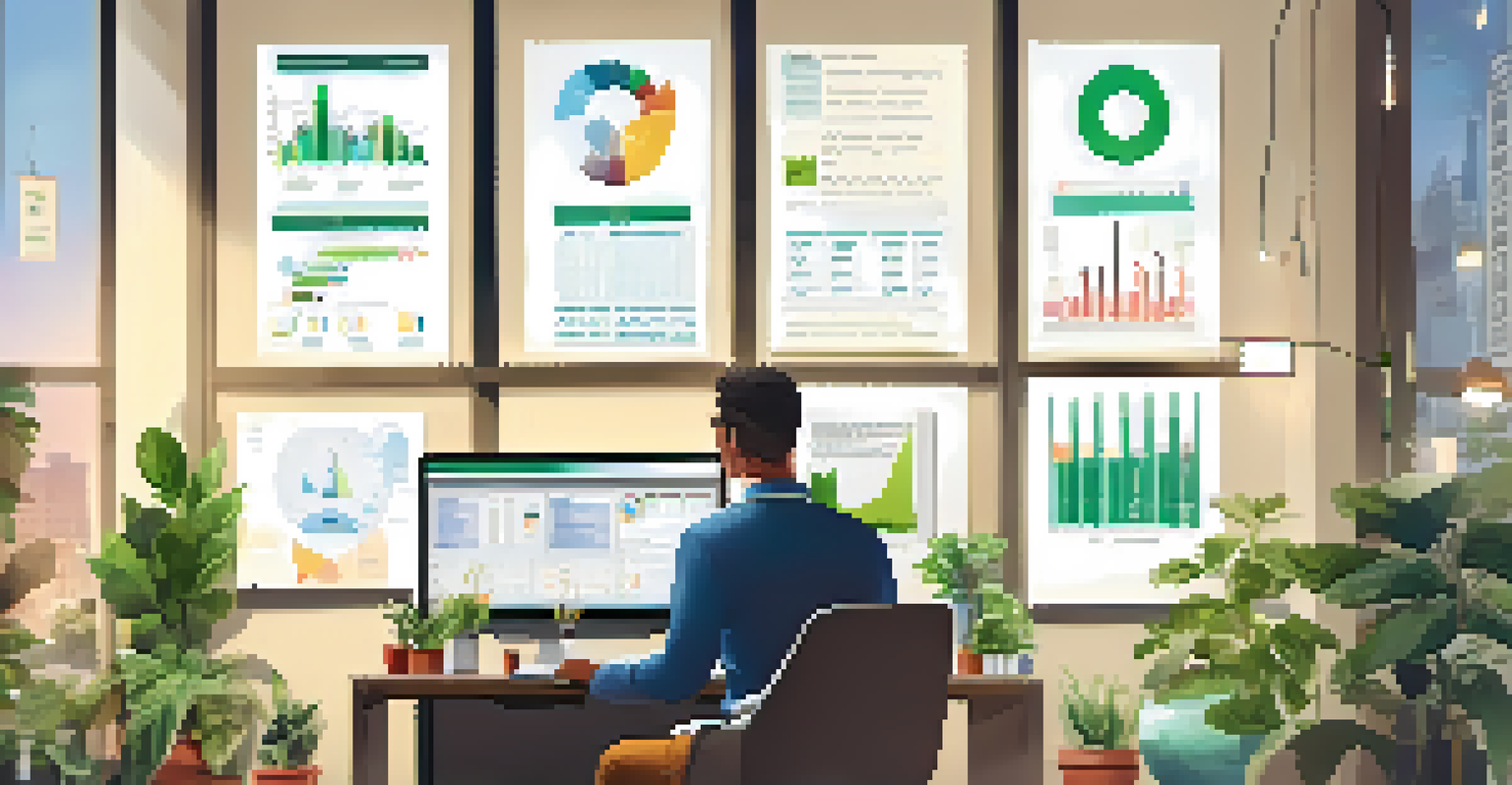 A person in an office analyzing customer feedback on a laptop, with charts on the screen and a bright, organized workspace.