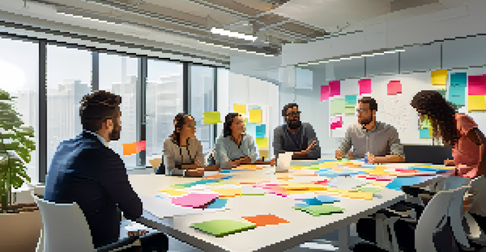 A diverse team of professionals collaborating in a bright conference room, surrounded by sticky notes and diagrams.