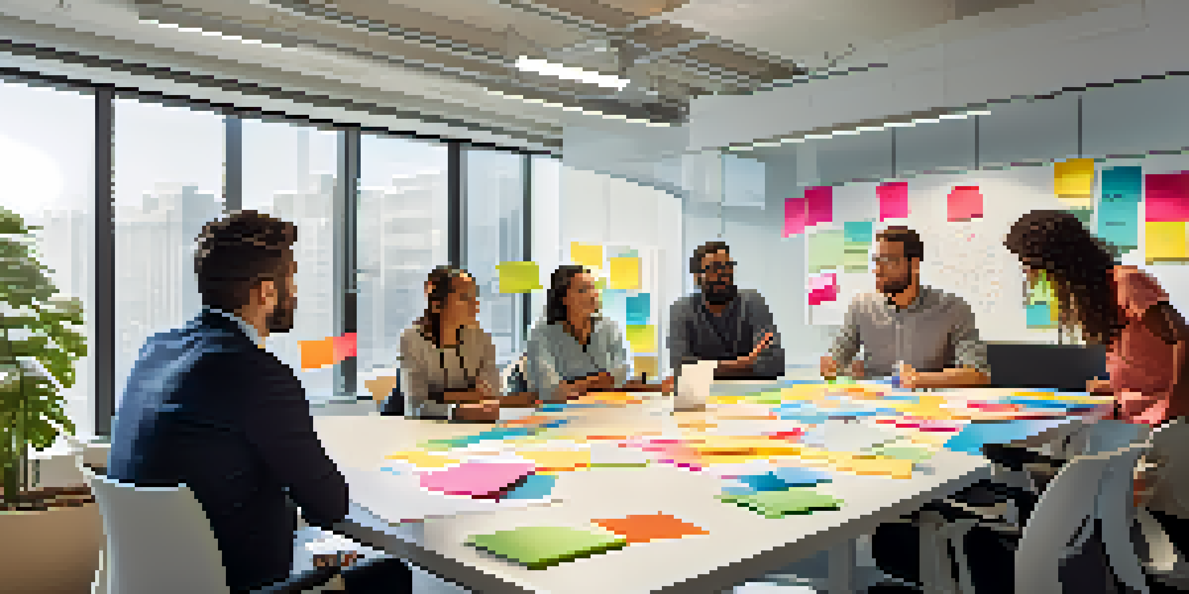 A diverse team of professionals collaborating in a bright conference room, surrounded by sticky notes and diagrams.