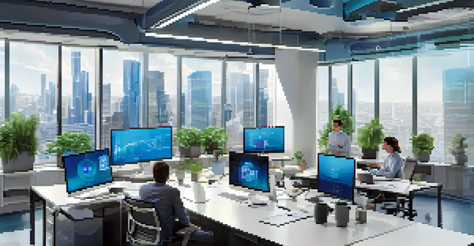 A modern office with a screen showing IoT analytics and professionals working together.