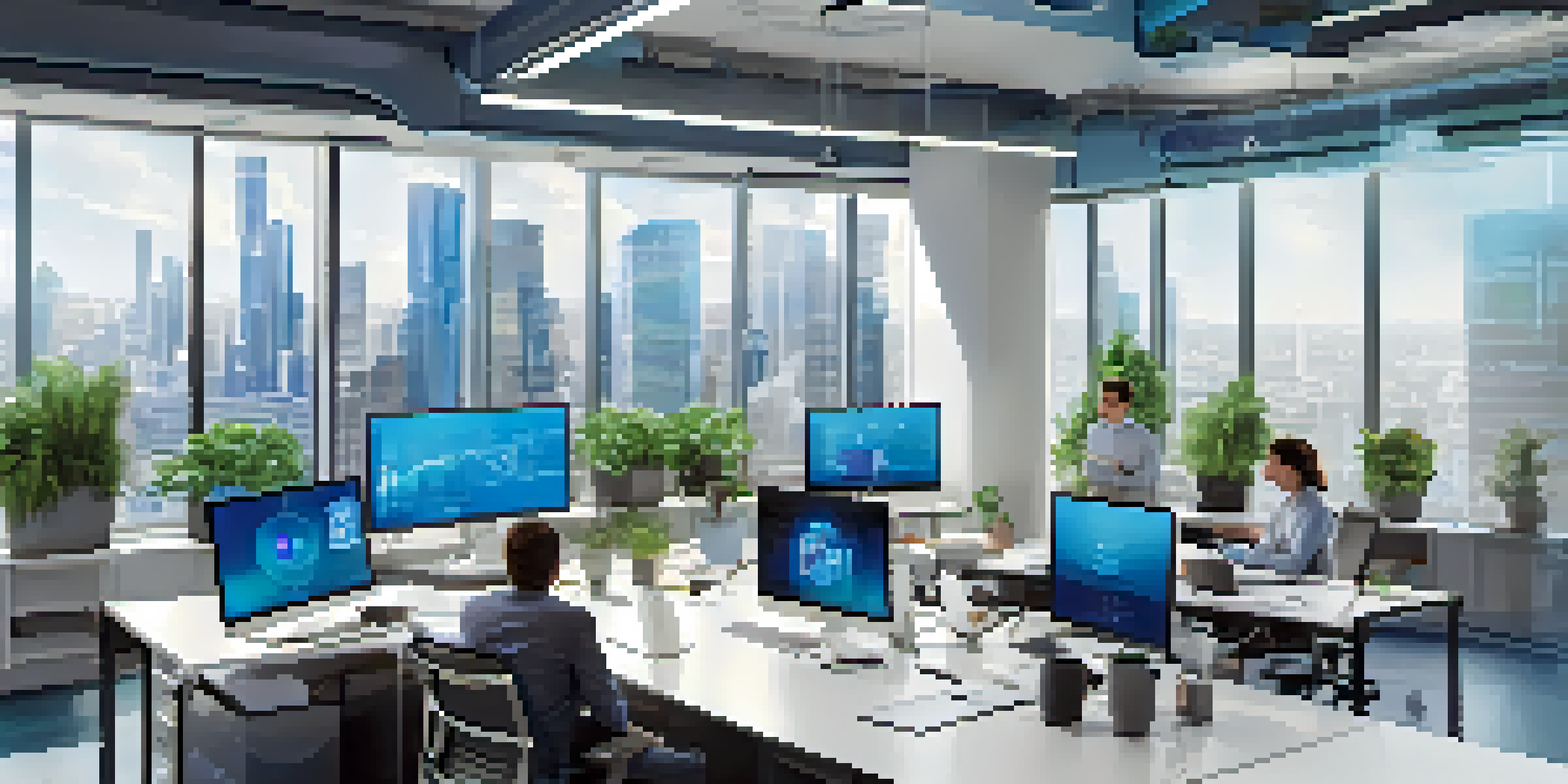 A modern office with a screen showing IoT analytics and professionals working together.