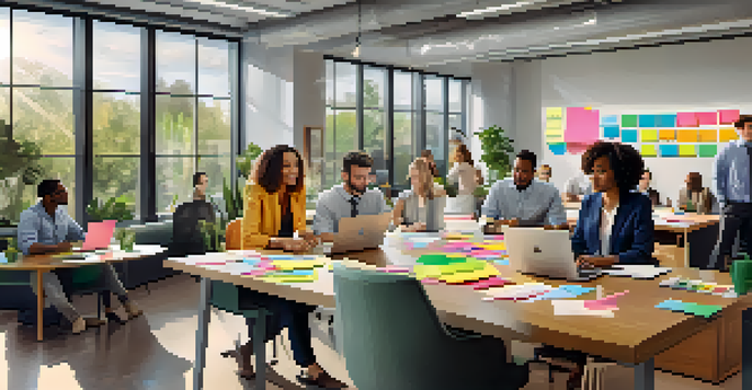 A diverse group of employees collaborating in a bright modern office, surrounded by greenery and colorful sticky notes.