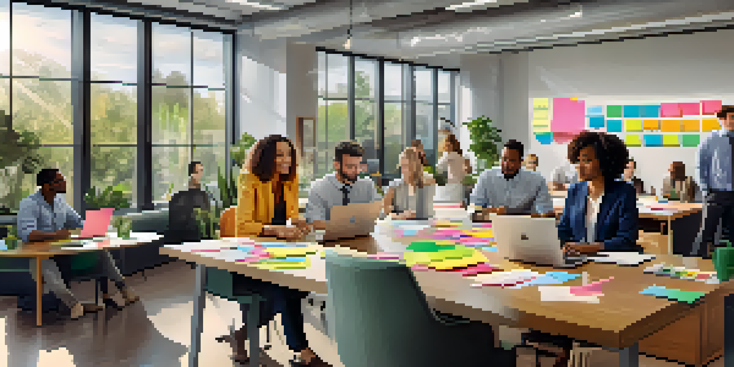 A diverse group of employees collaborating in a bright modern office, surrounded by greenery and colorful sticky notes.