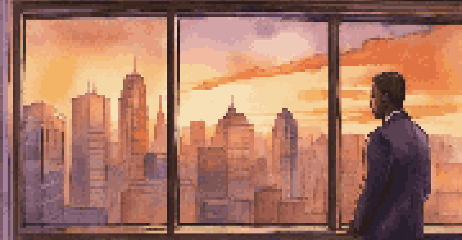 An inspiring leader standing in front of a sunset-lit window, reflecting on experiences during change, with motivational quotes on the walls.