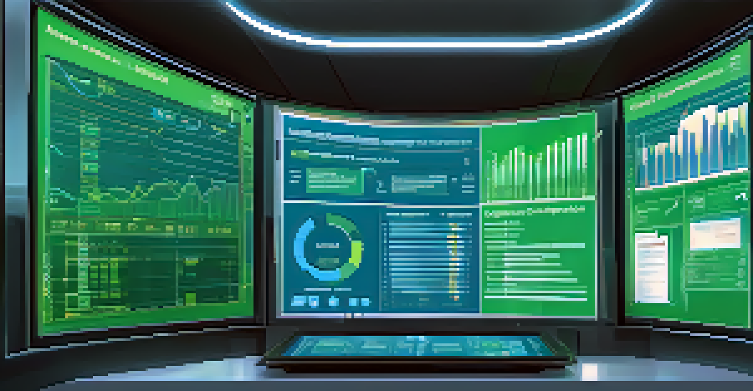 An abstract digital dashboard showing financial compliance metrics with graphs and checklists in blue and green tones.