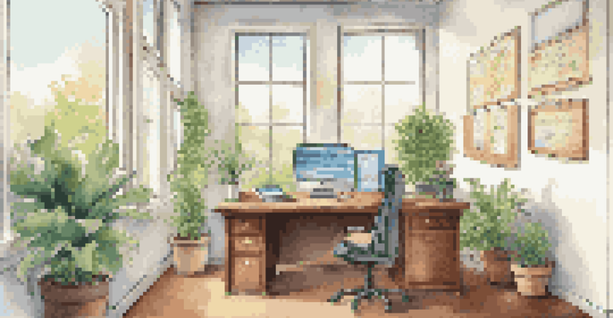 A bright office space featuring a wooden desk with a laptop showing financial graphs, motivational quotes on the walls, and a potted plant.