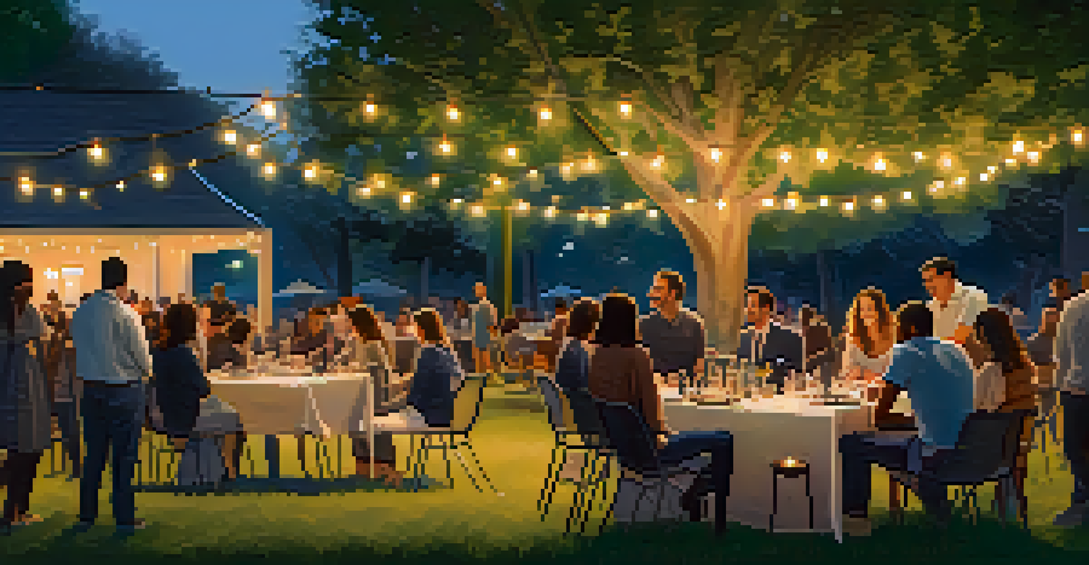 An outdoor networking event at dusk with people mingling under string lights in a park, creating a relaxed and inviting atmosphere.