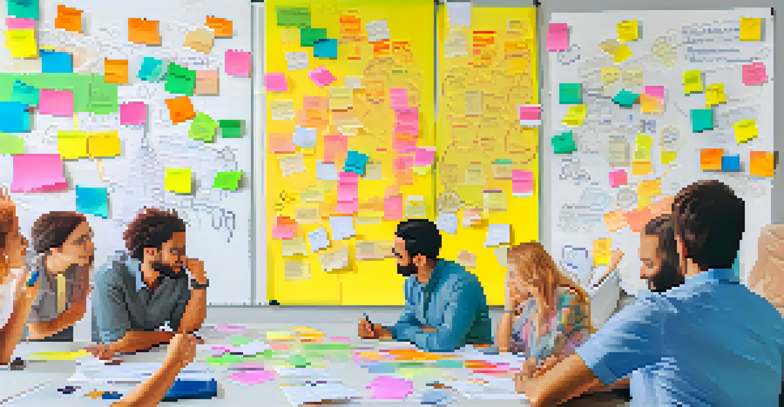 A close-up of a brainstorming session with sticky notes and markers, showcasing engaged professionals discussing ideas.