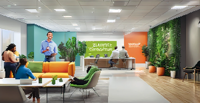 A motivational office space filled with quotes, plants, and employees brainstorming in a creative environment.