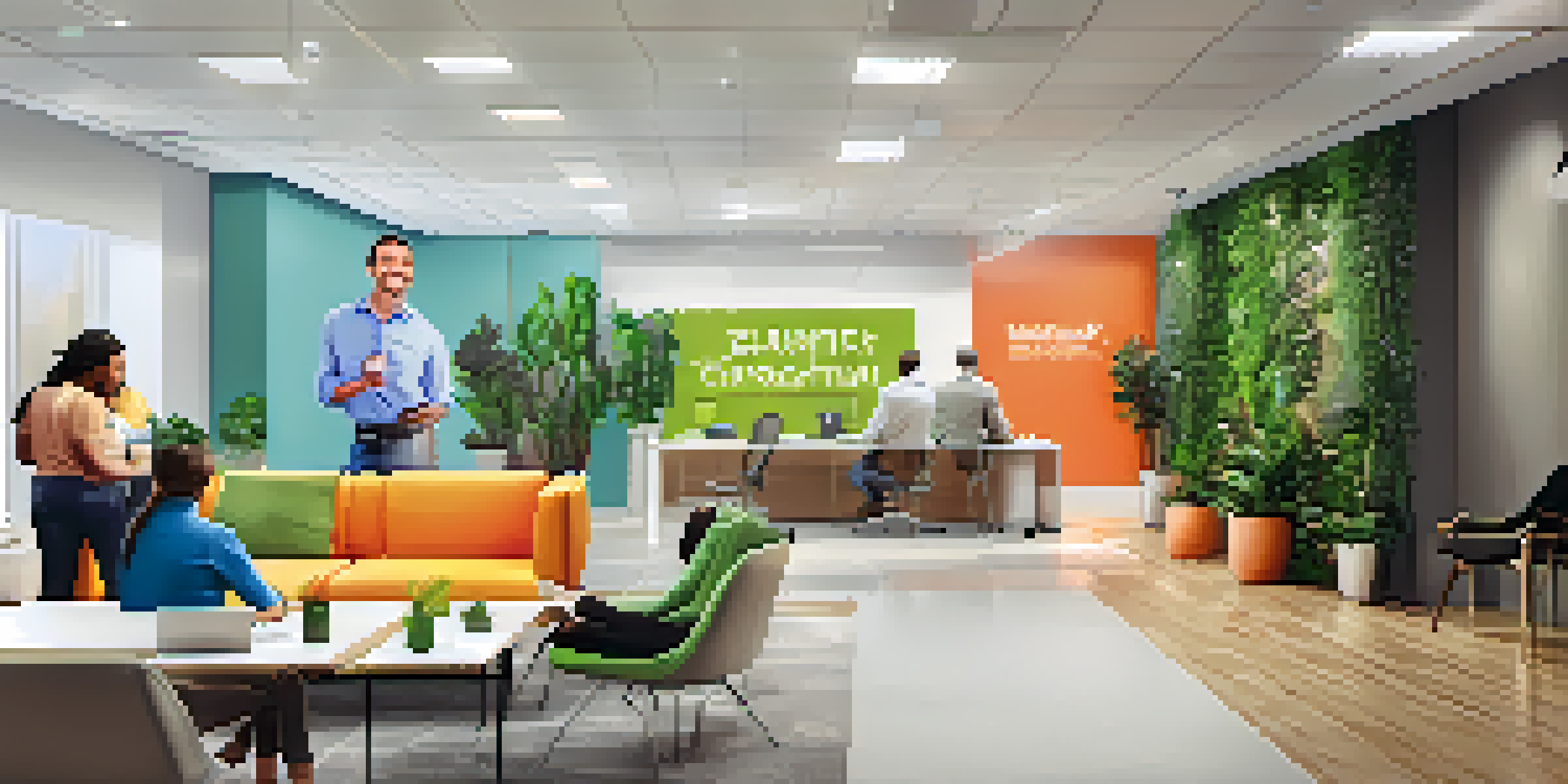 A motivational office space filled with quotes, plants, and employees brainstorming in a creative environment.