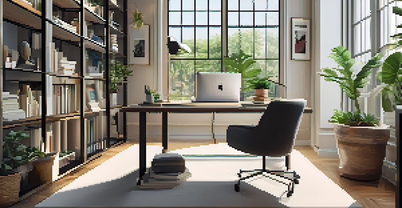 An elegant home office with a modern desk, laptop, and decorative plants, filled with natural light.