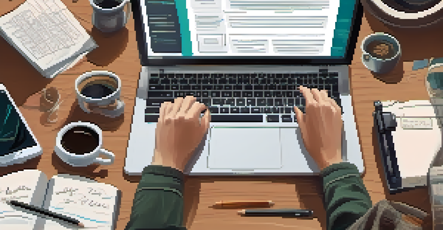 Close-up of hands on a laptop keyboard, drafting an email for a crowdfunding campaign, with a smartphone and coffee cup on a cluttered desk.