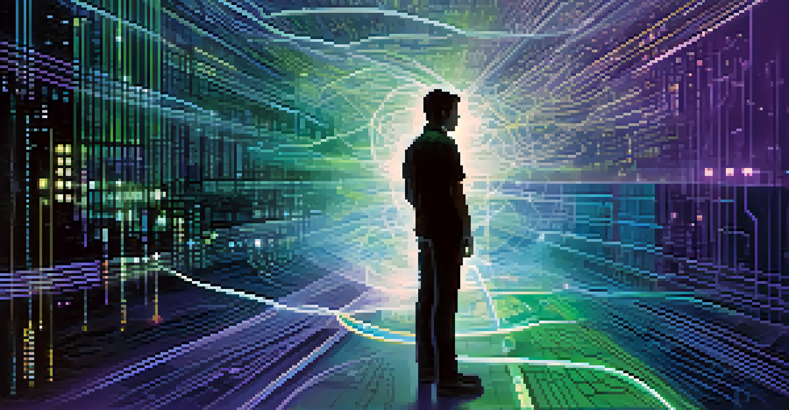 An abstract digital landscape filled with interconnected data points and binary code, with a silhouette of a person looking at the flowing data.