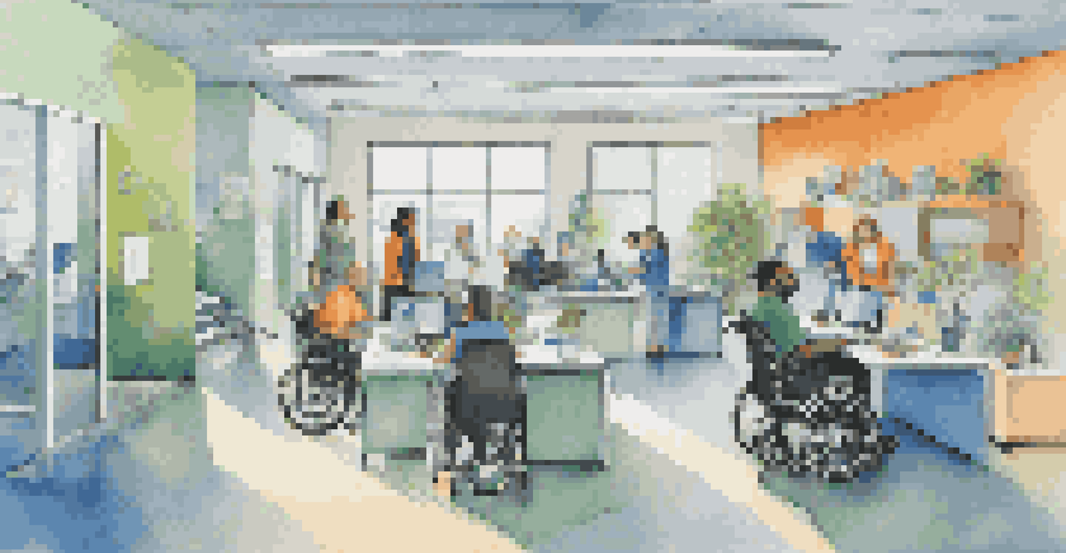 An infographic depicting workplace accessibility features, including ramps and adaptive technology in a colorful and organized manner.