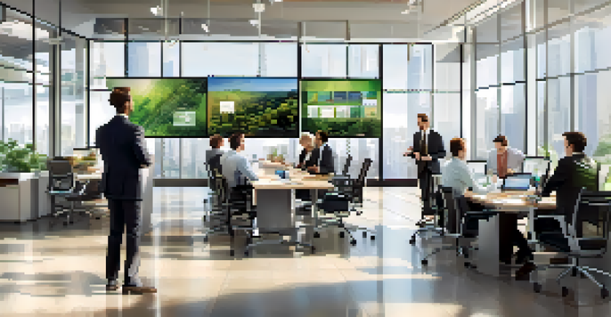 A diverse group of sales professionals collaborating in a bright office filled with charts and greenery.