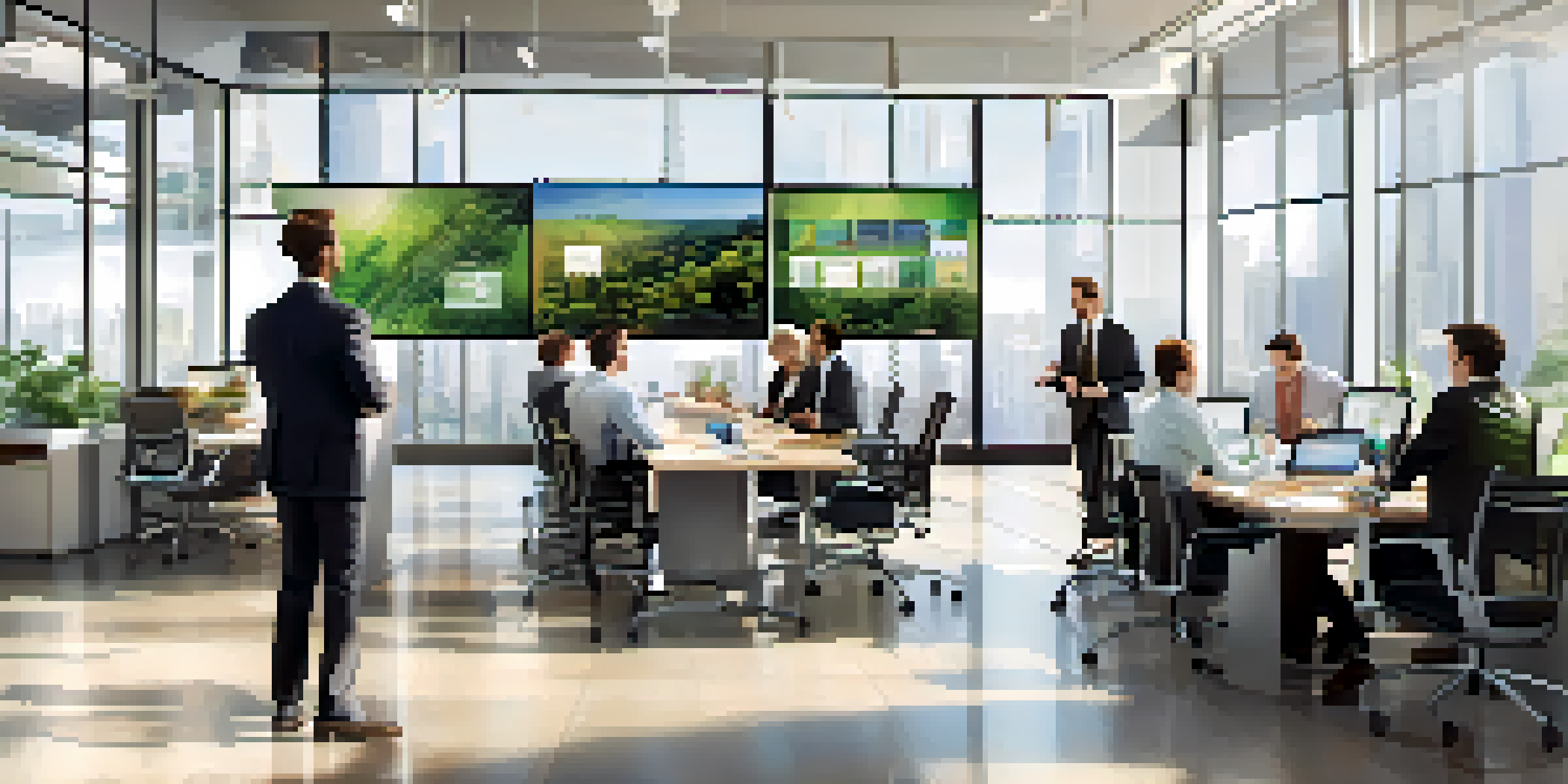 A diverse group of sales professionals collaborating in a bright office filled with charts and greenery.