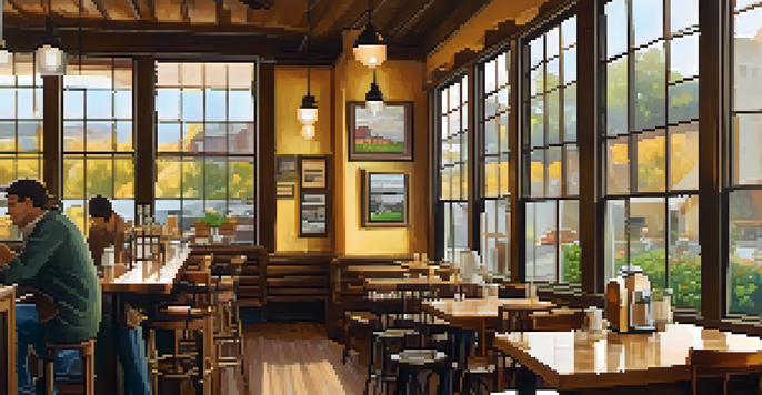 A warm and inviting coffee shop interior with natural light, wooden tables, and photographs of coffee farmers on the wall.