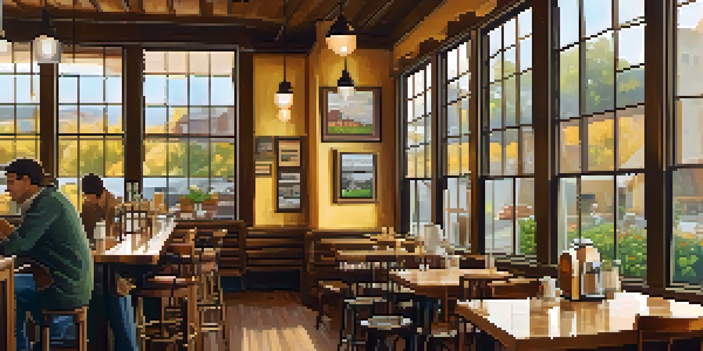 A warm and inviting coffee shop interior with natural light, wooden tables, and photographs of coffee farmers on the wall.