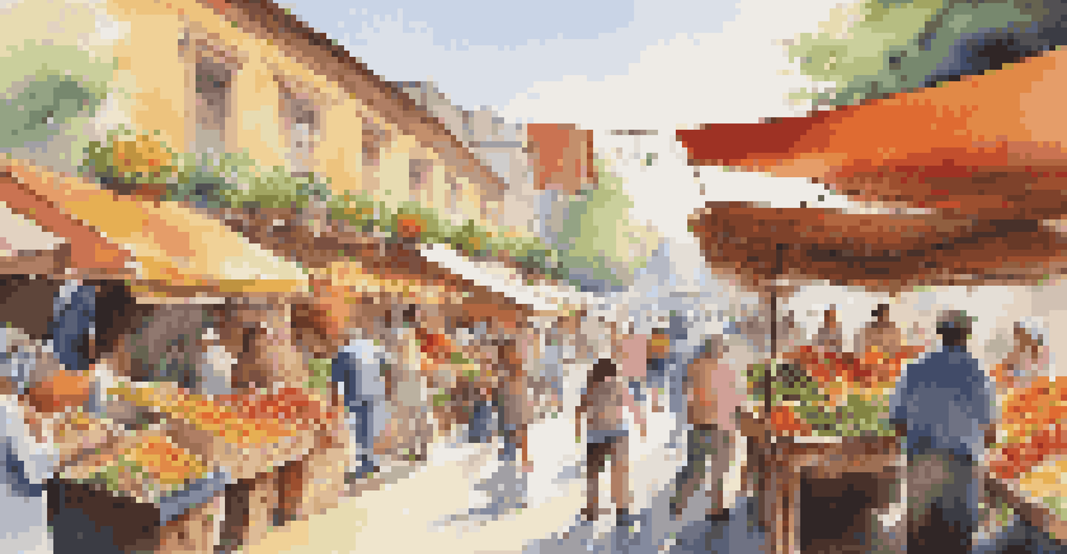 A vibrant outdoor market filled with colorful stalls and people shopping.