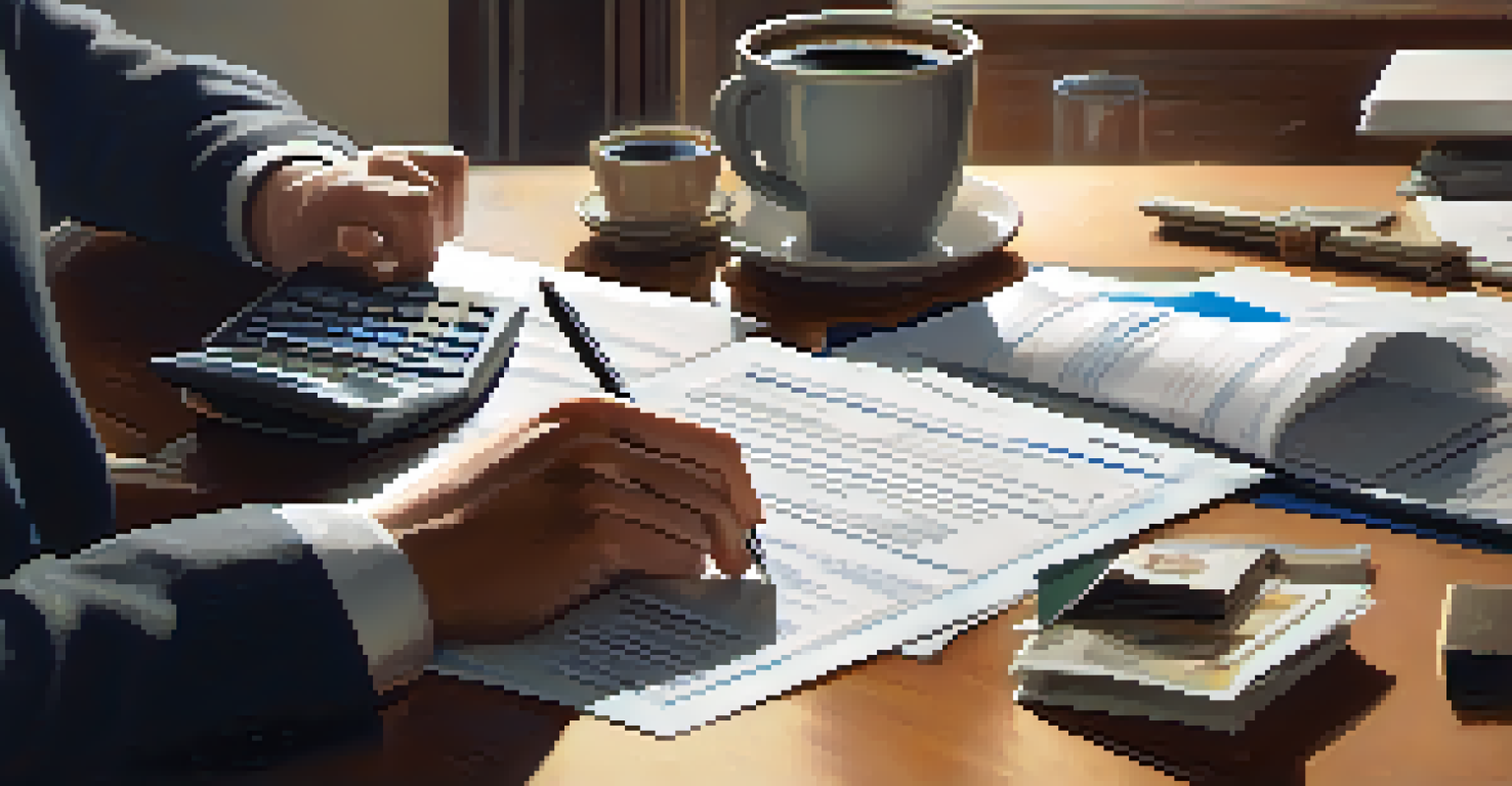 A close-up of hands reviewing financial compliance documents on a desk with a laptop and coffee cup, creating a warm atmosphere.