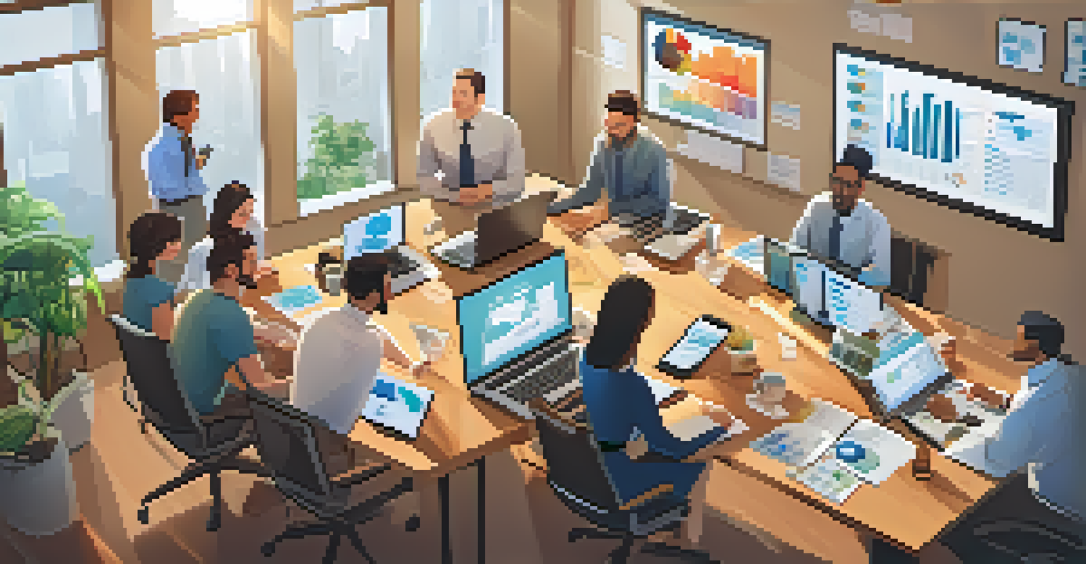 An overhead view of a team meeting discussing sales strategies with digital devices and motivational posters, illuminated by natural light.