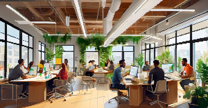 A busy co-working space where diverse entrepreneurs collaborate on projects, surrounded by natural light and greenery.