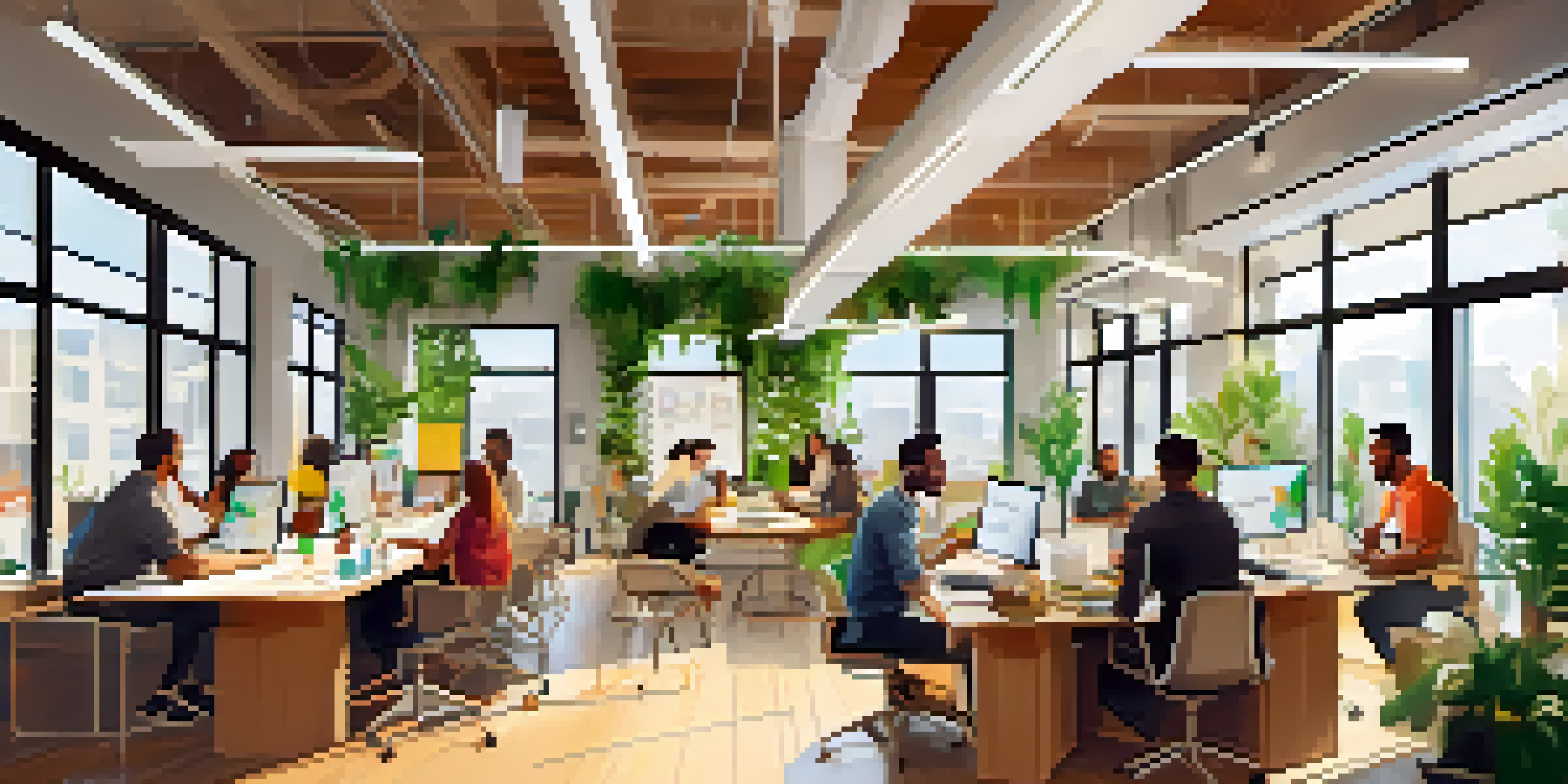 A busy co-working space where diverse entrepreneurs collaborate on projects, surrounded by natural light and greenery.