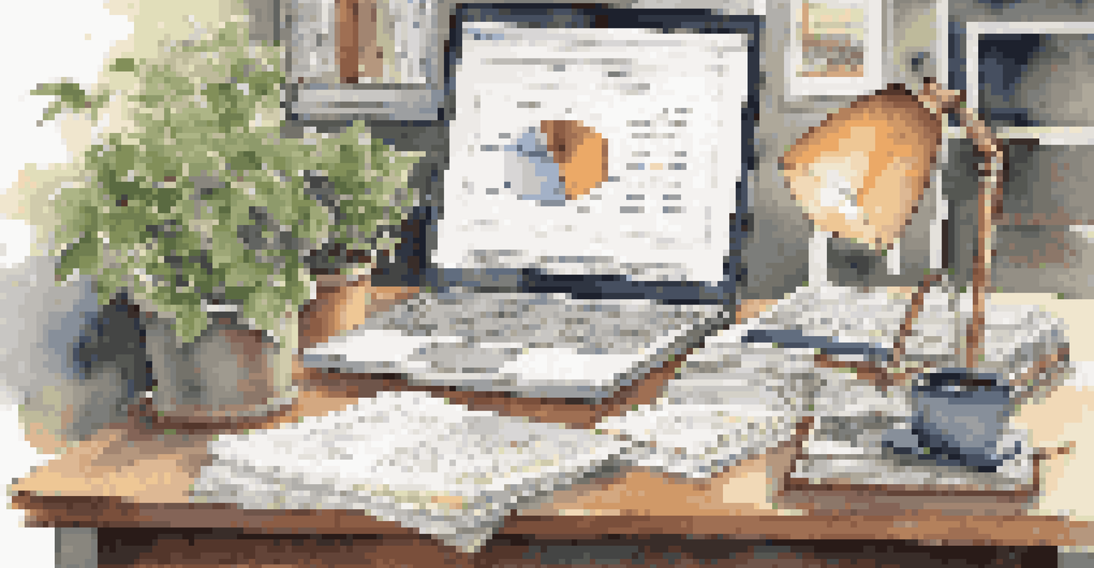A cluttered office desk with research materials, a laptop, and a potted plant.