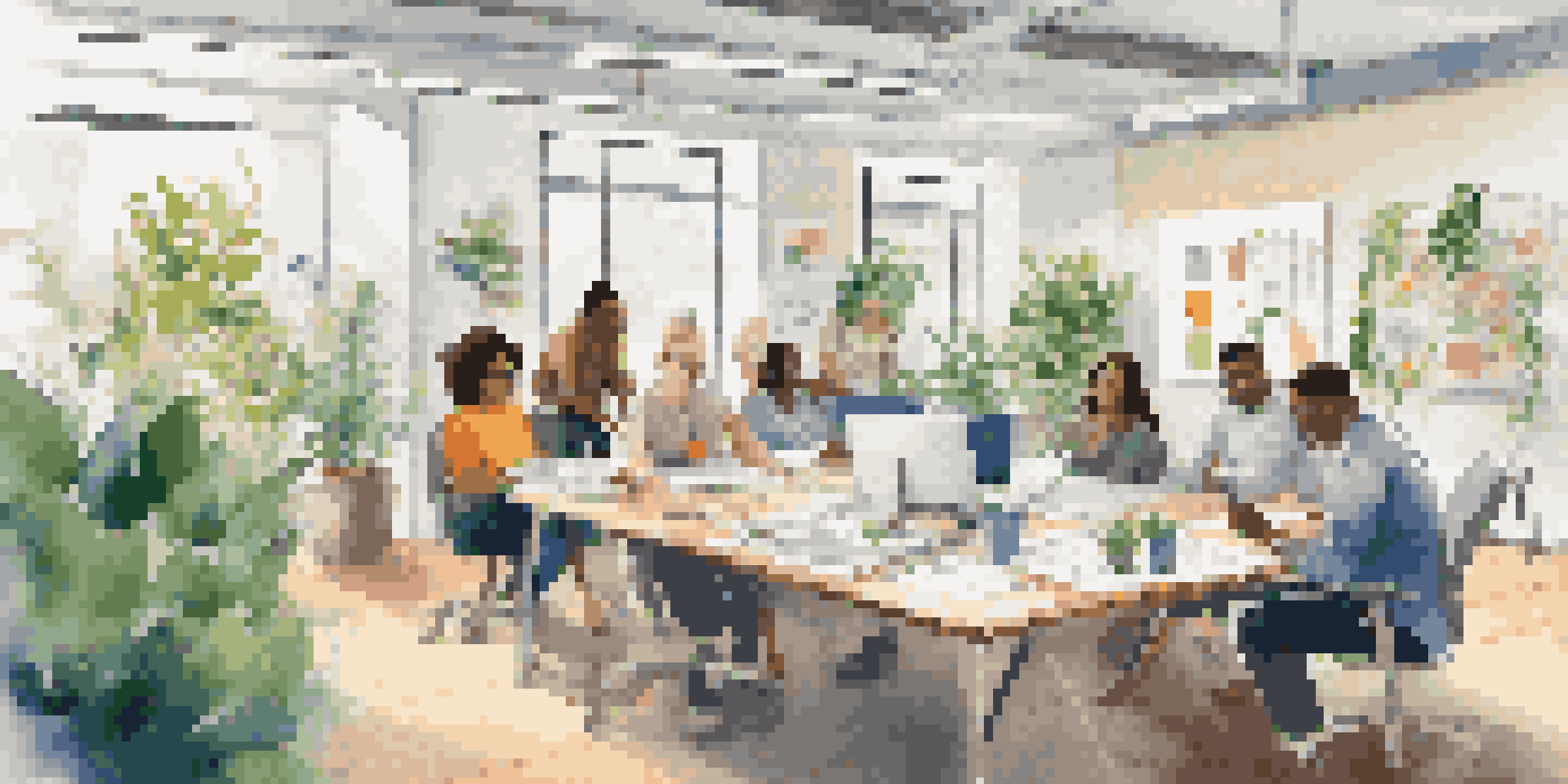 A diverse group of employees enjoying a team-building activity in a bright office, surrounded by plants and colorful materials.