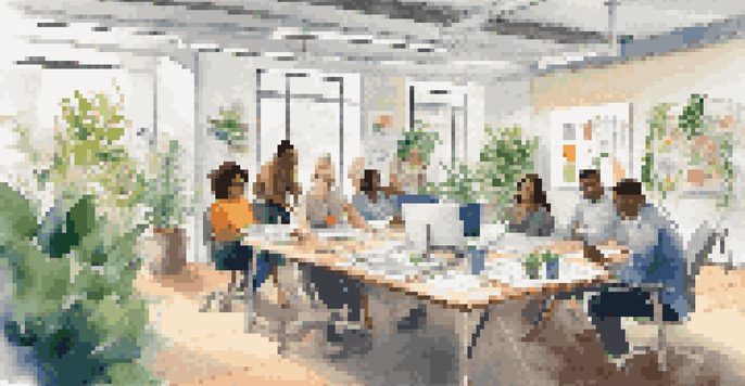 A diverse group of employees enjoying a team-building activity in a bright office, surrounded by plants and colorful materials.