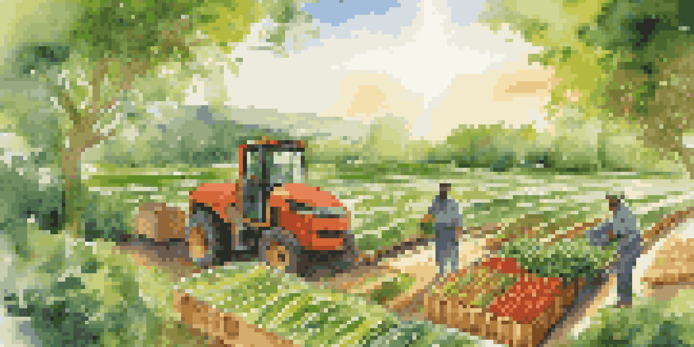 A local farmer harvesting organic crops in a green landscape, with eco-friendly packaging materials and sunlight filtering through trees.