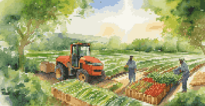 A local farmer harvesting organic crops in a green landscape, with eco-friendly packaging materials and sunlight filtering through trees.